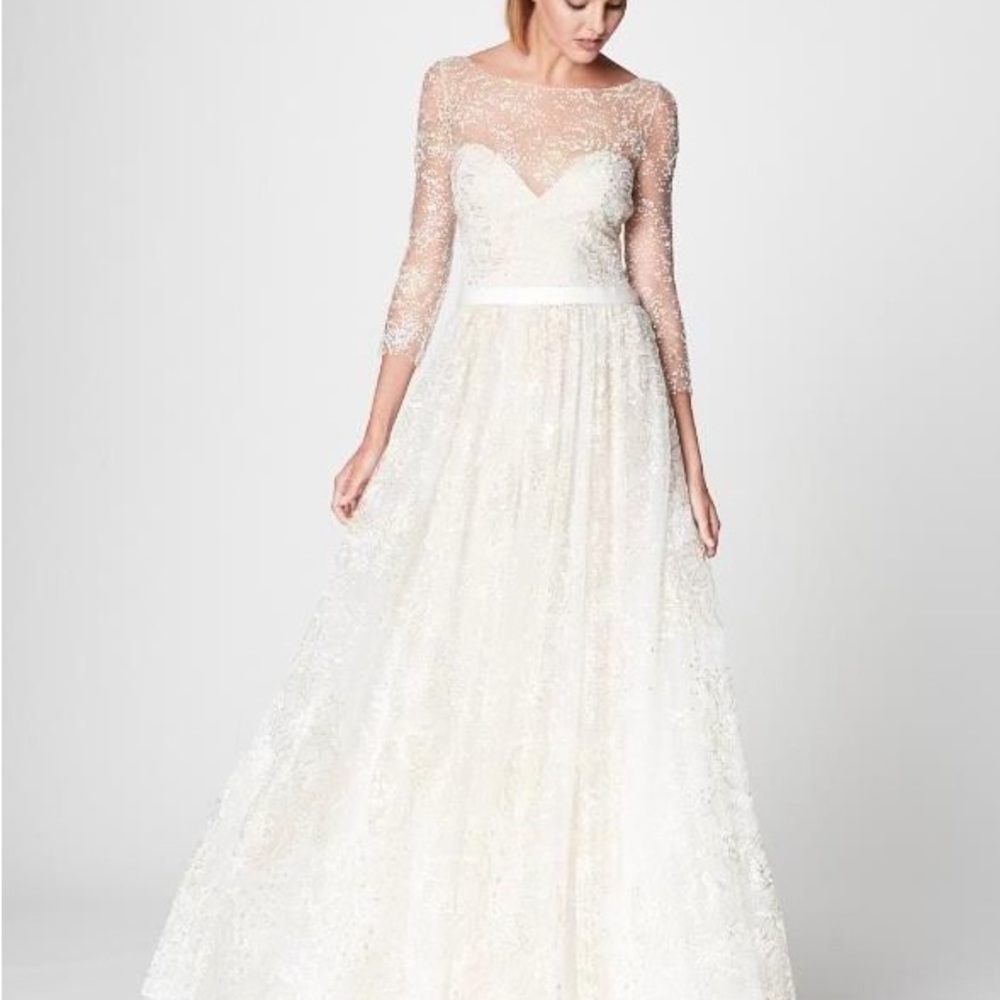 Marchesa Notte / illusion tulle glitter wedding bridal long sleeve modest gown 8